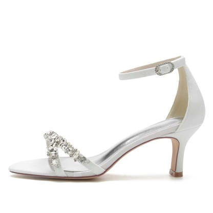 Silver Peep Toe Bridal Shoes for Women with Fashion Buckle and Asymmetrical Rhinestone