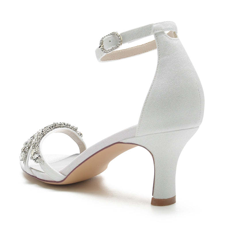 Silver Peep Toe Bridal Shoes for Women with Fashion Buckle and Asymmetrical Rhinestone