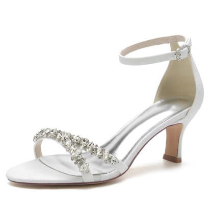 Silver Peep Toe Bridal Shoes for Women with Fashion Buckle and Asymmetrical Rhinestone