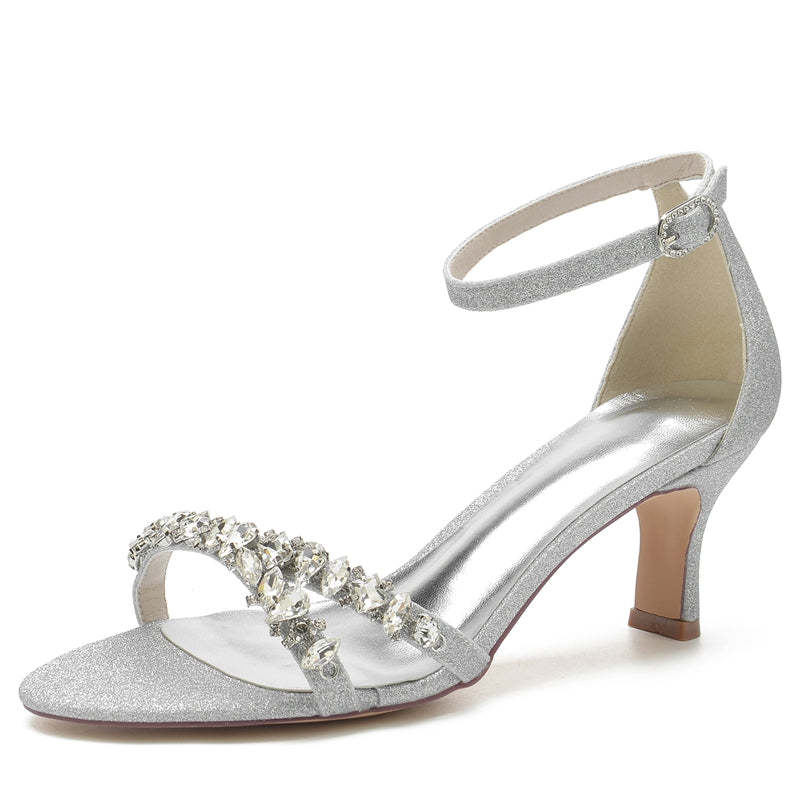 Silver Peep Toe Bridal Shoes for Women with Fashion Buckle and Asymmetrical Rhinestone