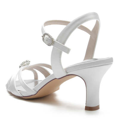 Bridal Shoes for Women with Crossed Straps and Buckle Open Toe Mid Heel Rhinestone Design