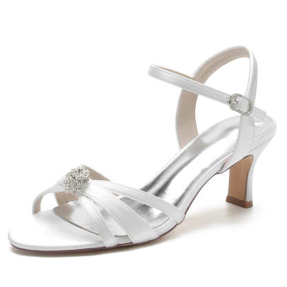 Bridal Shoes for Women with Crossed Straps and Buckle Open Toe Mid Heel Rhinestone Design