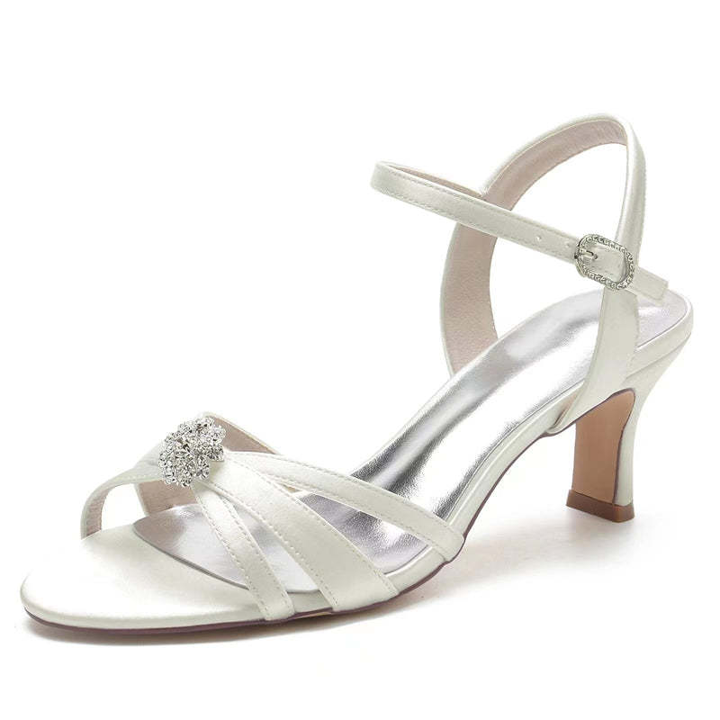 Bridal Shoes for Women with Crossed Straps and Buckle Open Toe Mid Heel Rhinestone Design