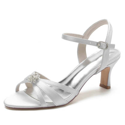 Bridal Shoes for Women with Crossed Straps and Buckle Open Toe Mid Heel Rhinestone Design