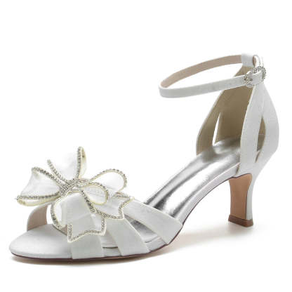 Bridal Shoes for Women with Peep Toe Crossed Straps Buckle Bow & Rhinestone