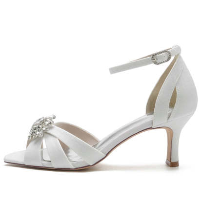Elegant Peep Toe Bridal Shoes for Women with Crossed Straps and Exquisite Rhinestone