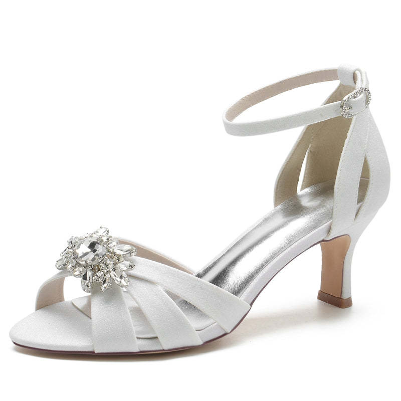 Elegant Peep Toe Bridal Shoes for Women with Crossed Straps and Exquisite Rhinestone