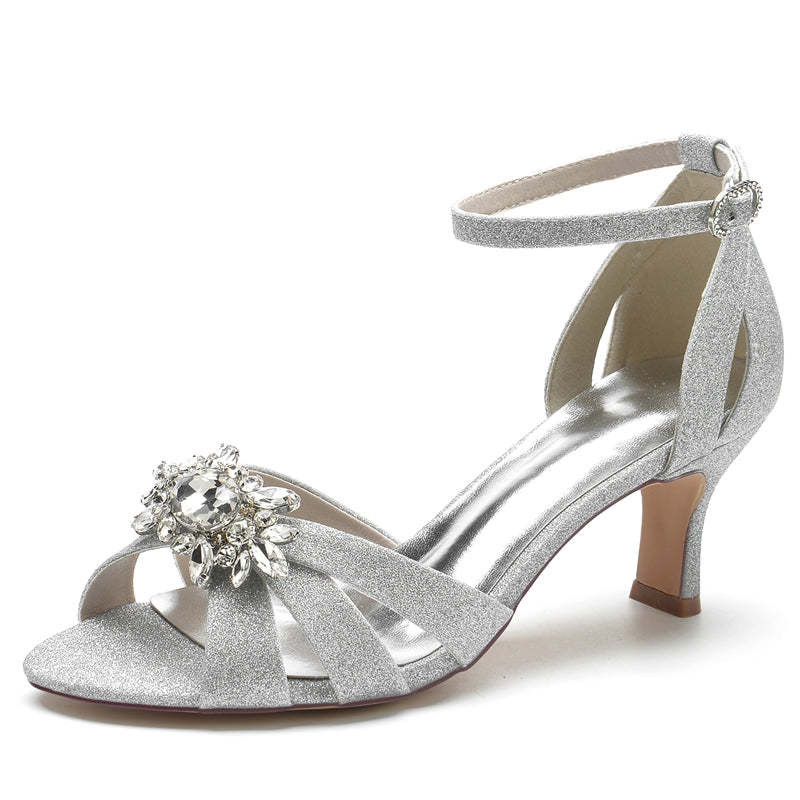Elegant Peep Toe Bridal Shoes for Women with Crossed Straps and Exquisite Rhinestone
