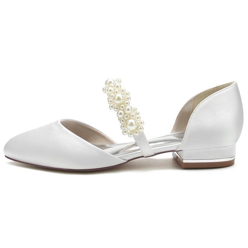Elegant Bridal Shoes for Women with Pearl Straps Round Toe and Low Heel