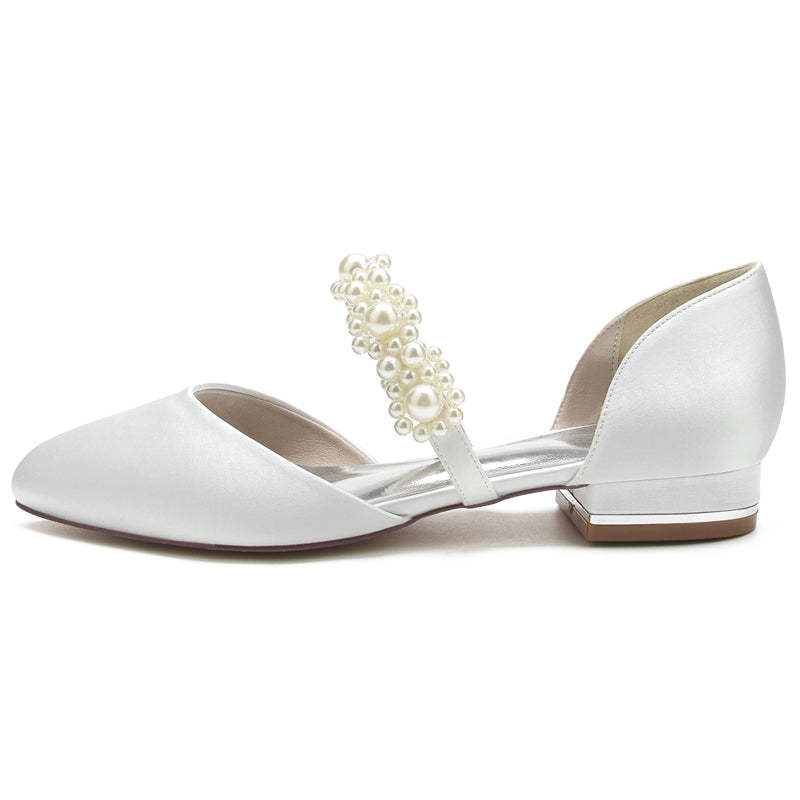 Elegant Bridal Shoes for Women with Pearl Straps Round Toe and Low Heel