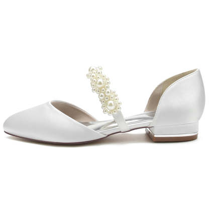 Elegant Bridal Shoes for Women with Pearl Straps Round Toe and Low Heel