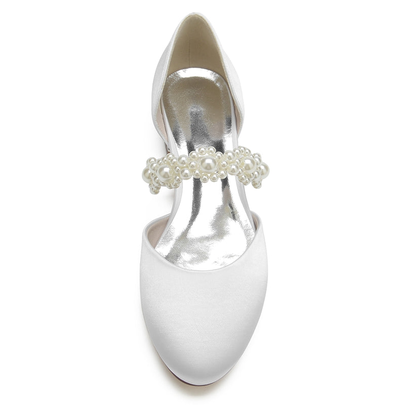 Elegant Bridal Shoes for Women with Pearl Straps Round Toe and Low Heel