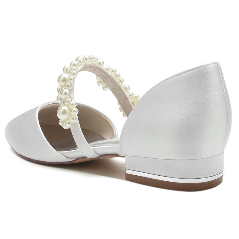 Elegant Bridal Shoes for Women with Pearl Straps Round Toe and Low Heel