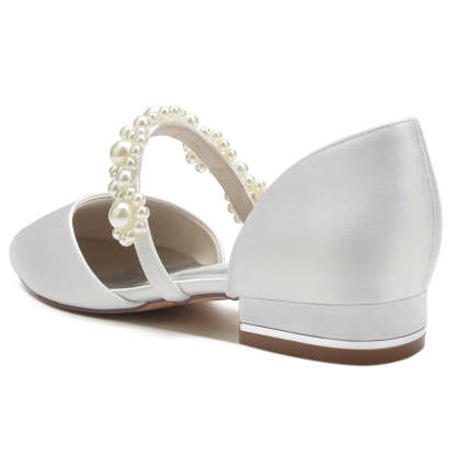Elegant Bridal Shoes for Women with Pearl Straps Round Toe and Low Heel