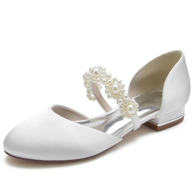 Elegant Bridal Shoes for Women with Pearl Straps Round Toe and Low Heel