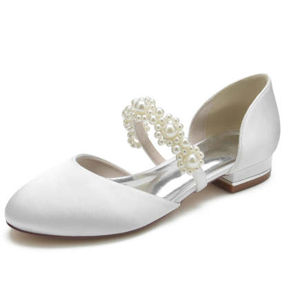 Elegant Bridal Shoes for Women with Pearl Straps Round Toe and Low Heel