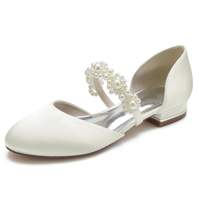 Elegant Bridal Shoes for Women with Pearl Straps Round Toe and Low Heel