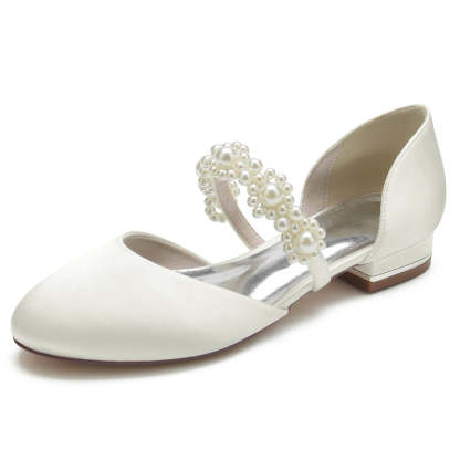 Elegant Bridal Shoes for Women with Pearl Straps Round Toe and Low Heel