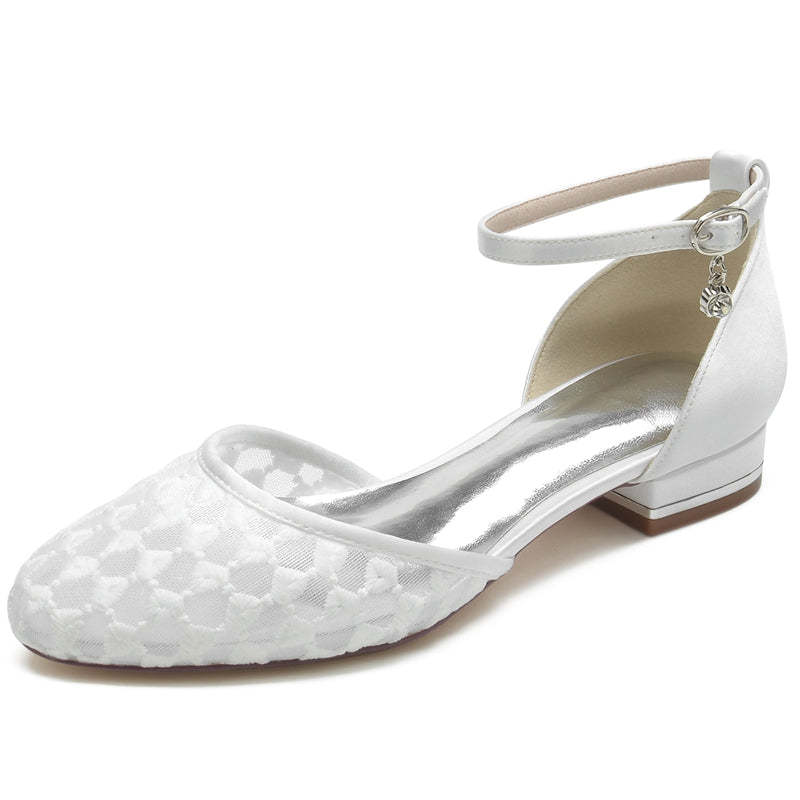 Bridal Shoes for Women with Retro Knitted Buckle and Pointed Toe Flat Heel