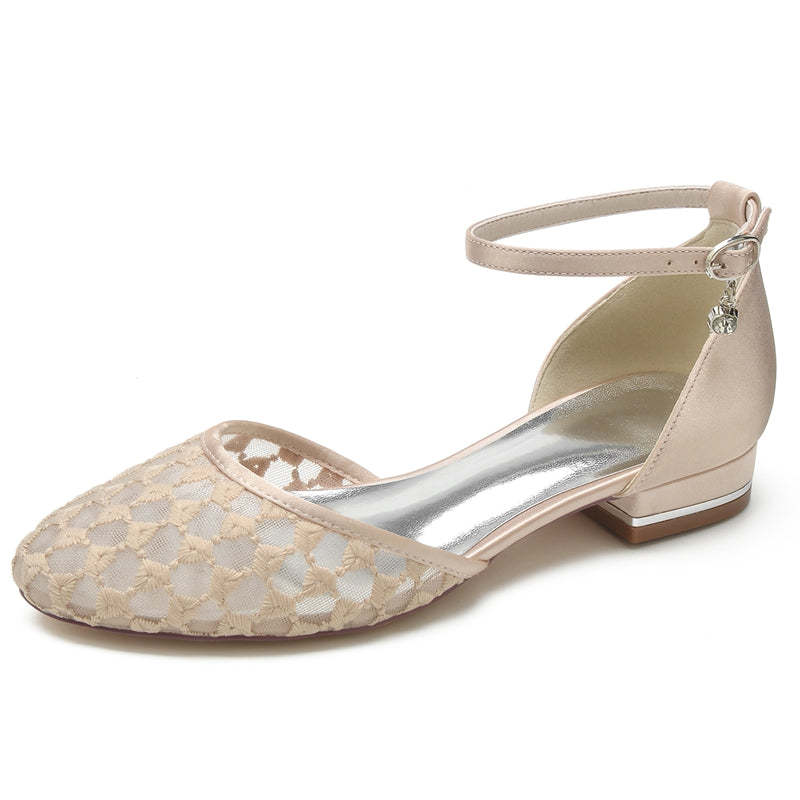 Bridal Shoes for Women with Retro Knitted Buckle and Pointed Toe Flat Heel