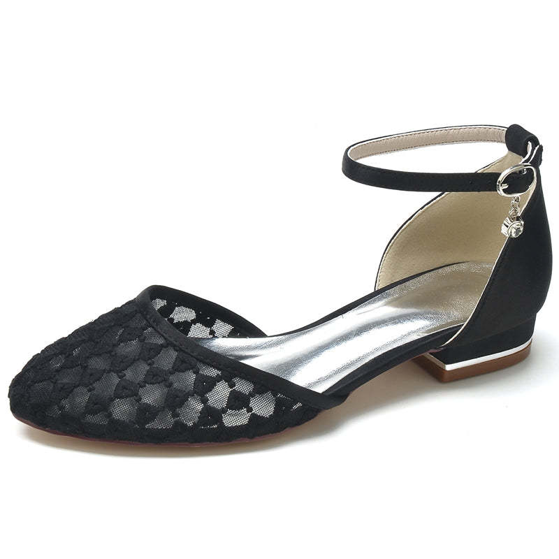 Bridal Shoes for Women with Retro Knitted Buckle and Pointed Toe Flat Heel