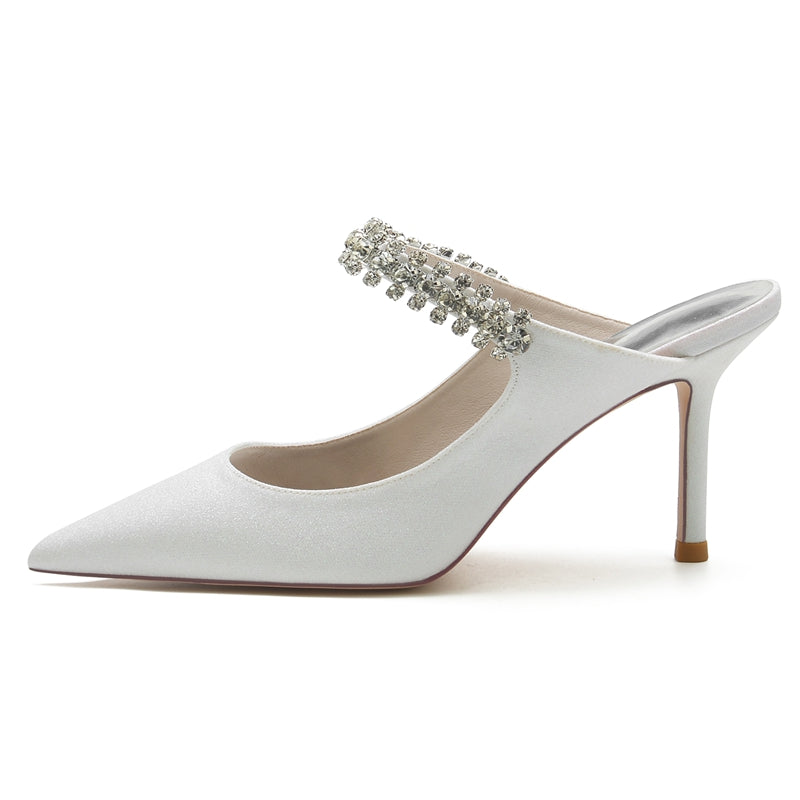 Bridal Slip-On Shoes for Women with Rhinestone Pointed Toe and Glitter High Heel