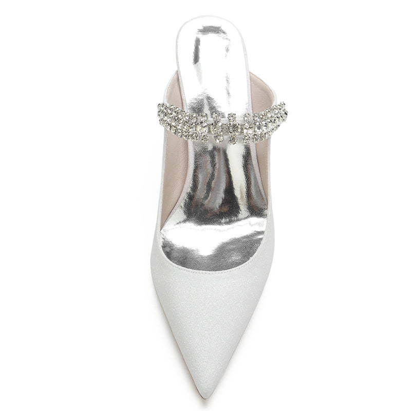 Bridal Slip-On Shoes for Women with Rhinestone Pointed Toe and Glitter High Heel