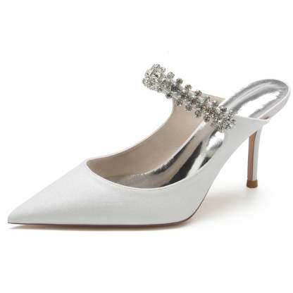 Bridal Slip-On Shoes for Women with Rhinestone Pointed Toe and Glitter High Heel