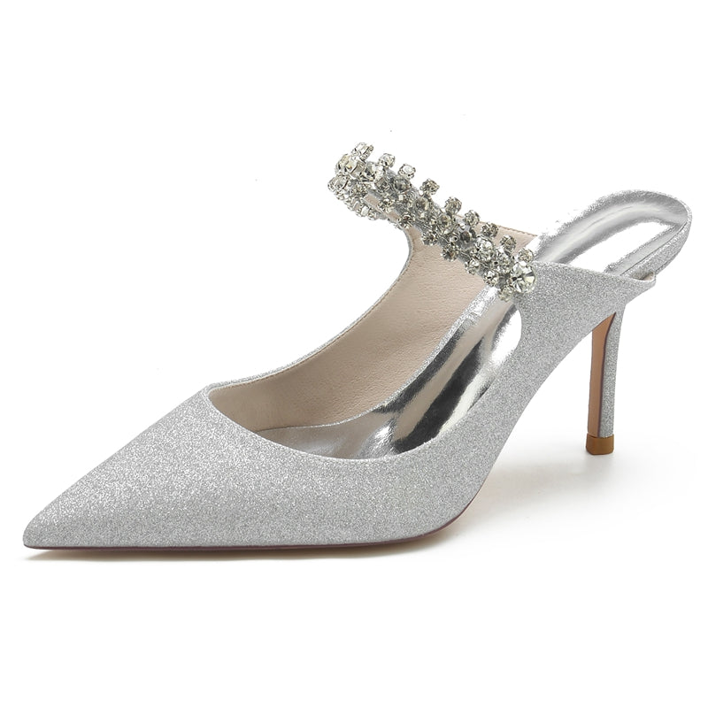 Bridal Slip-On Shoes for Women with Rhinestone Pointed Toe and Glitter High Heel
