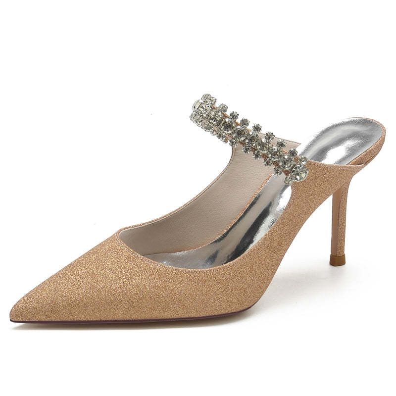 Bridal Slip-On Shoes for Women with Rhinestone Pointed Toe and Glitter High Heel
