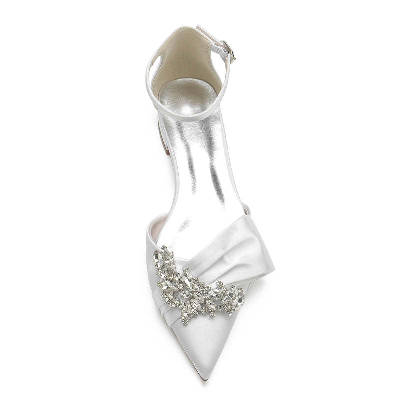 Elegant Bridal Shoes for Women – Pointed Toe Flat Heel with Rhinestone Buckle and Ruffles