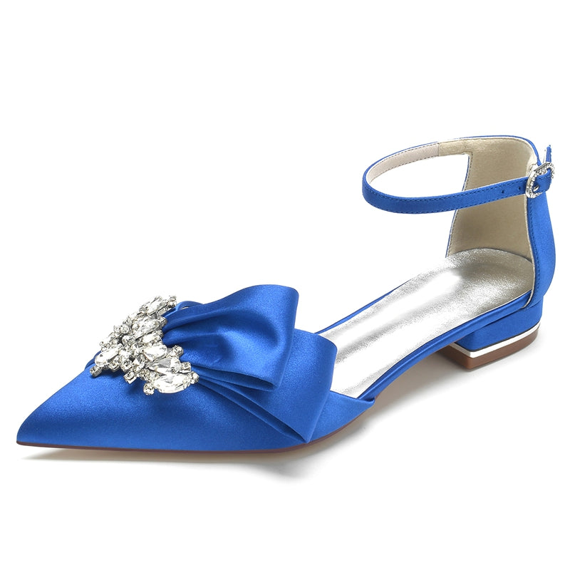 Elegant Bridal Shoes for Women – Pointed Toe Flat Heel with Rhinestone Buckle and Ruffles