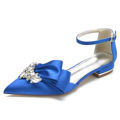 Elegant Bridal Shoes for Women – Pointed Toe Flat Heel with Rhinestone Buckle and Ruffles