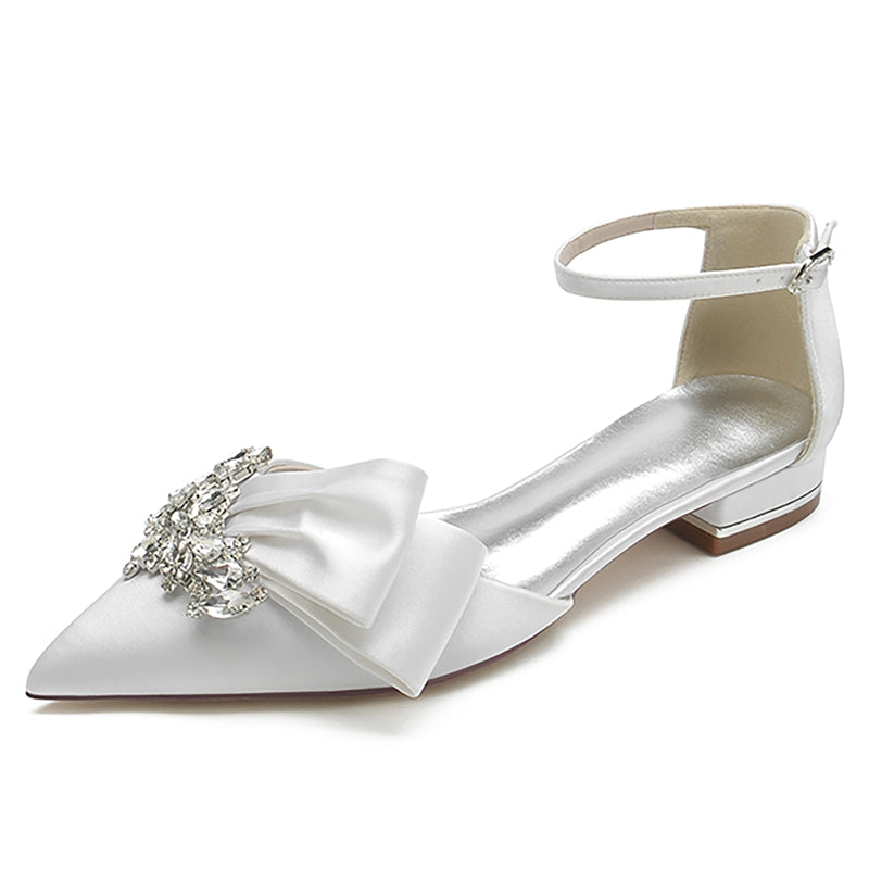 Elegant Bridal Shoes for Women – Pointed Toe Flat Heel with Rhinestone Buckle and Ruffles
