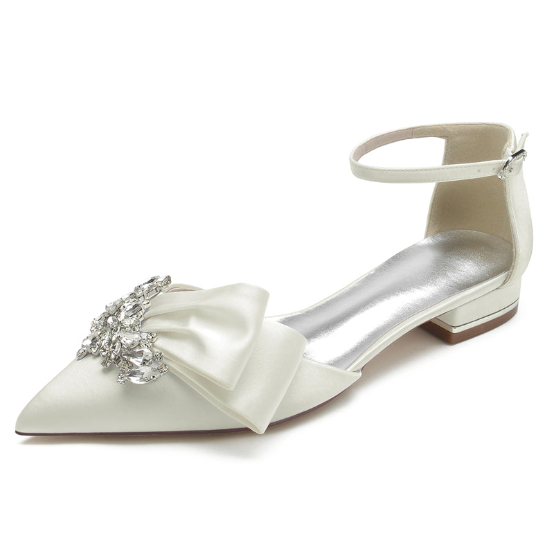 Elegant Bridal Shoes for Women – Pointed Toe Flat Heel with Rhinestone Buckle and Ruffles