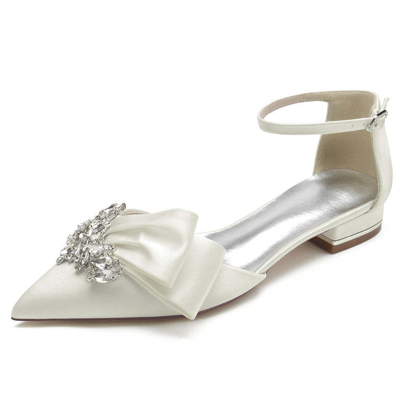 Elegant Bridal Shoes for Women – Pointed Toe Flat Heel with Rhinestone Buckle and Ruffles