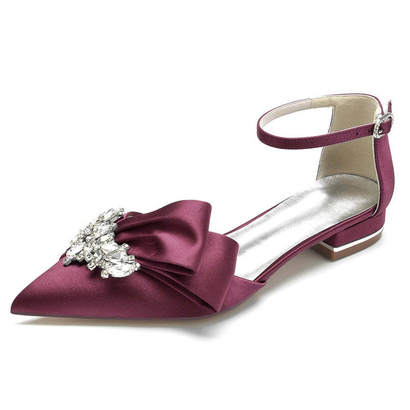 Elegant Bridal Shoes for Women – Pointed Toe Flat Heel with Rhinestone Buckle and Ruffles