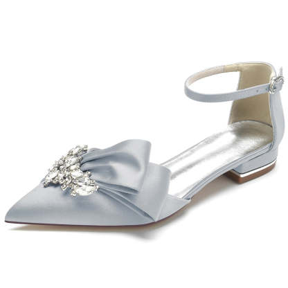 Elegant Bridal Shoes for Women – Pointed Toe Flat Heel with Rhinestone Buckle and Ruffles