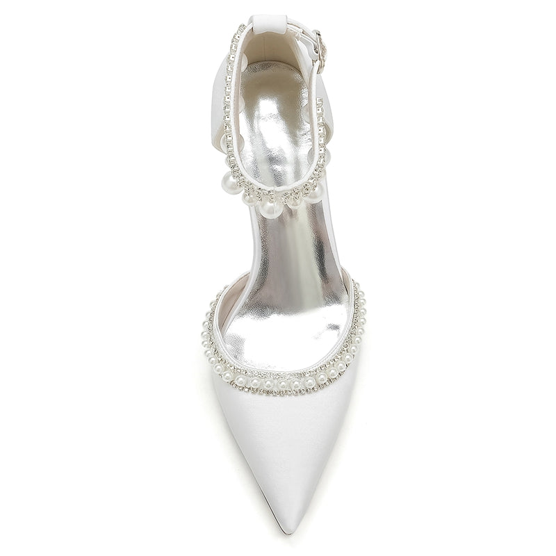 Bridal Shoes for Women with Pointed Toe Block Heel and Luxury Buckle Adorned with Crystal & Pearl