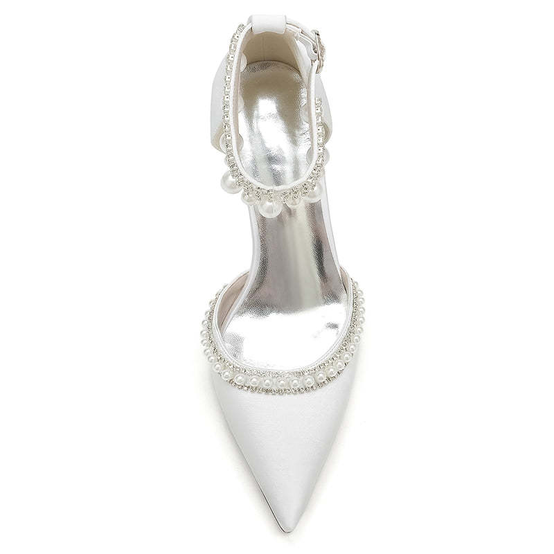 Bridal Shoes for Women with Pointed Toe Block Heel and Luxury Buckle Adorned with Crystal & Pearl