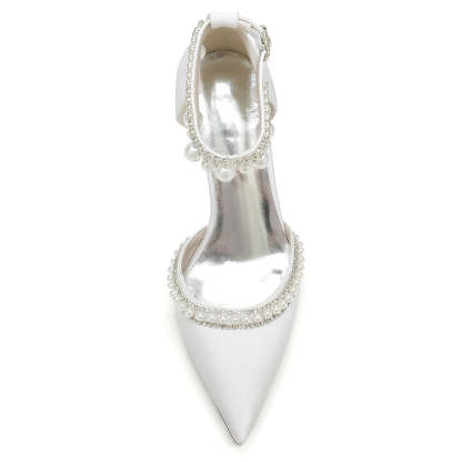 Bridal Shoes for Women with Pointed Toe Block Heel and Luxury Buckle Adorned with Crystal & Pearl
