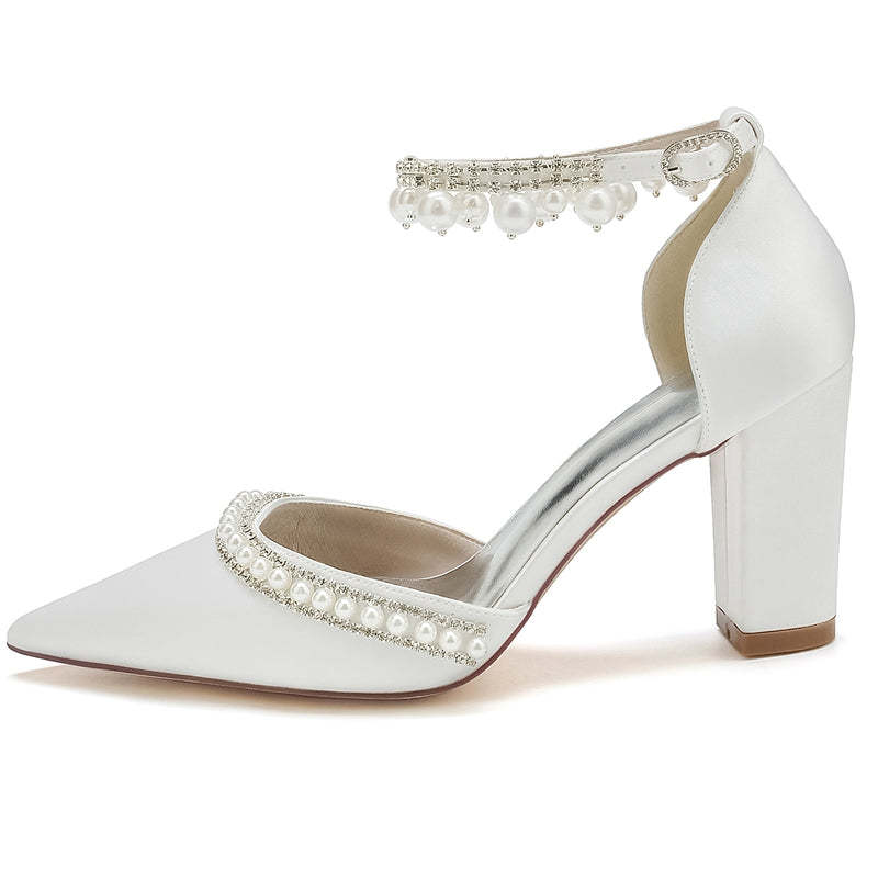 Bridal Shoes for Women with Pointed Toe Block Heel and Luxury Buckle Adorned with Crystal & Pearl