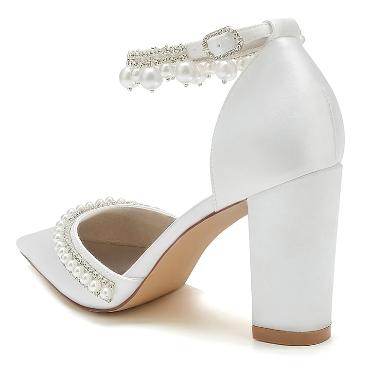 Bridal Shoes for Women with Pointed Toe Block Heel and Luxury Buckle Adorned with Crystal & Pearl
