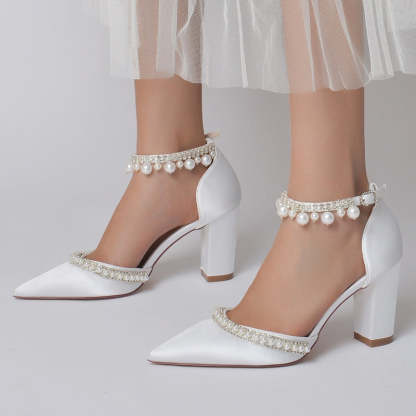 Bridal Shoes for Women with Pointed Toe Block Heel and Luxury Buckle Adorned with Crystal & Pearl