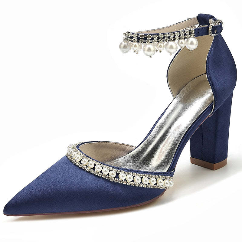 Bridal Shoes for Women with Pointed Toe Block Heel and Luxury Buckle Adorned with Crystal & Pearl