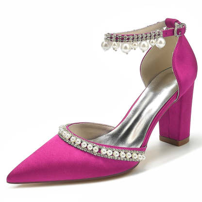 Bridal Shoes for Women with Pointed Toe Block Heel and Luxury Buckle Adorned with Crystal & Pearl