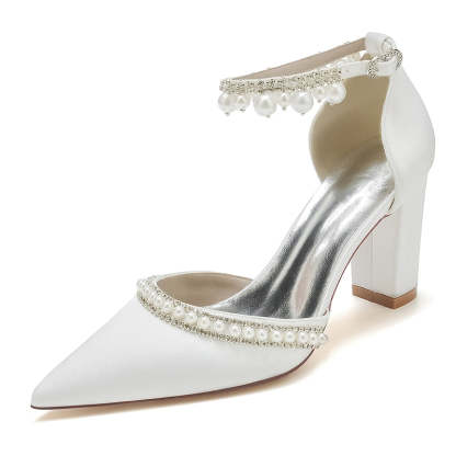 Bridal Shoes for Women with Pointed Toe Block Heel and Luxury Buckle Adorned with Crystal & Pearl