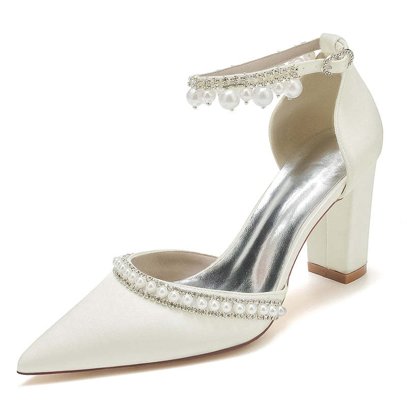 Bridal Shoes for Women with Pointed Toe Block Heel and Luxury Buckle Adorned with Crystal & Pearl