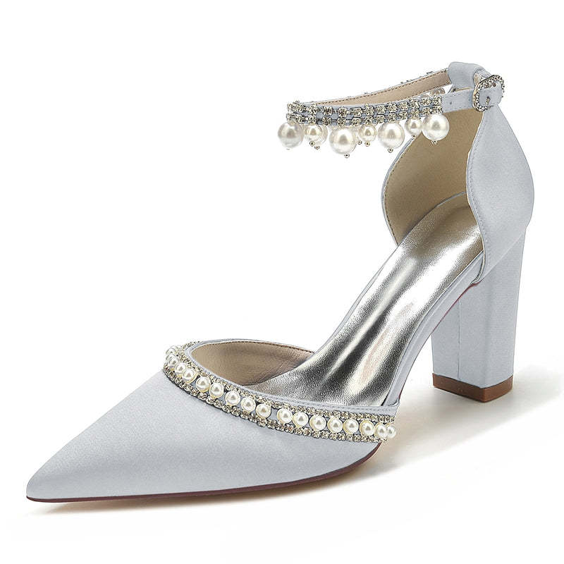 Bridal Shoes for Women with Pointed Toe Block Heel and Luxury Buckle Adorned with Crystal & Pearl