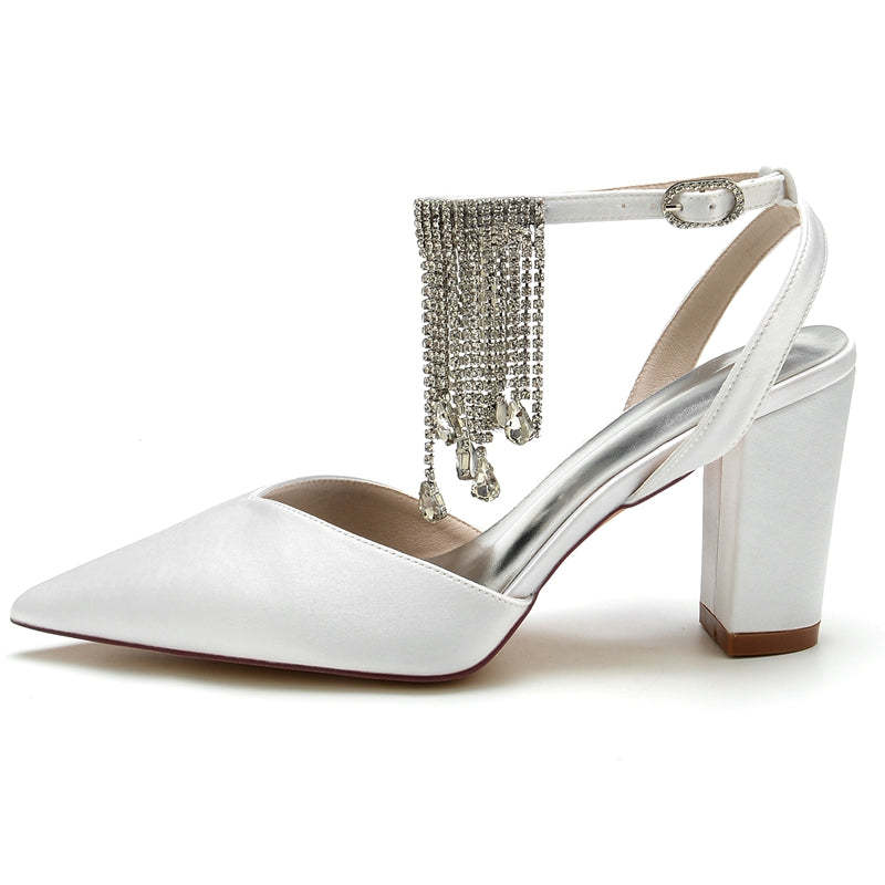 Bridal Shoes for Women with Block Heel Closed Toe Buckle Crystal & Tassels